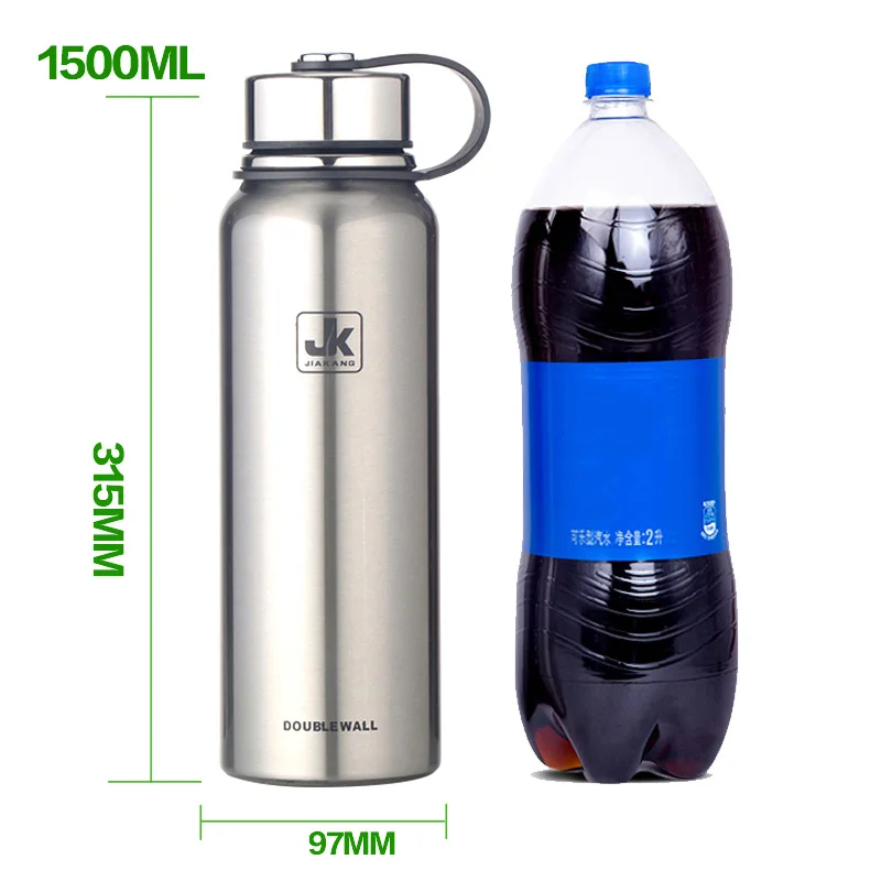 1500ml Silver Логотип нержавеющая сталь на заказ вакуумная фляга термобутылка двухслойные термосы чашка для бутылок с водой Спортивная уличная шейкер кружка - Цвет: 1500ml Silver