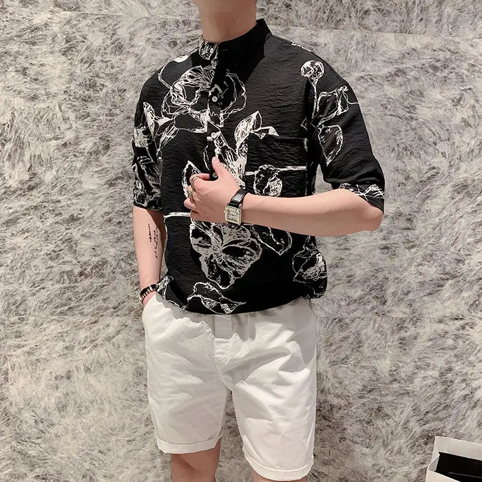 

Luxury Print Retro Casual Slim Fit Shirt Short Sleeve Streetwear Social Shirt Clothes Chemise Homme 2020 Fashion Men Shirt