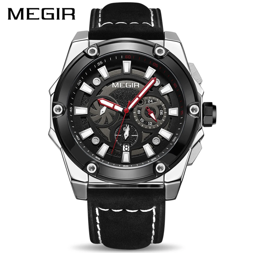 

Relogio Masculino MEGIR New Sport Chronograph Mens Watches Top Brand Luxury Leather Quartz Clock Waterproof Big Dial Watch Men