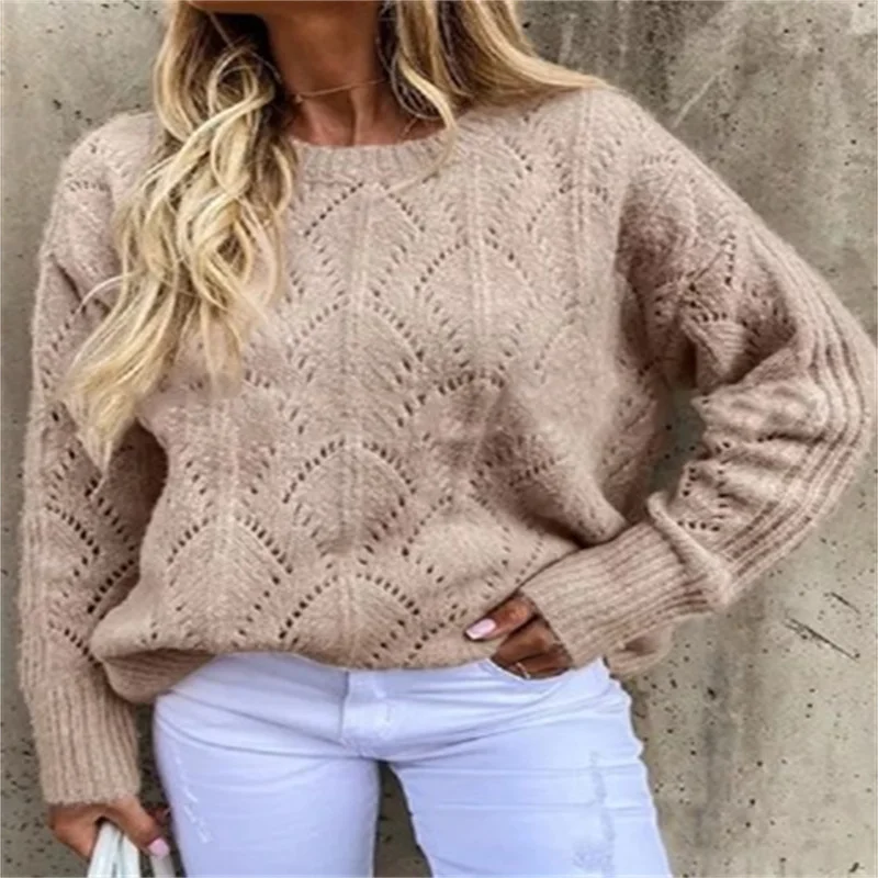

2021 Autumn Winter Women Solid Knitted Thickening Hollow Out Sweater Female Round Neck Long Sleeve Casual Loose Pullovers Top