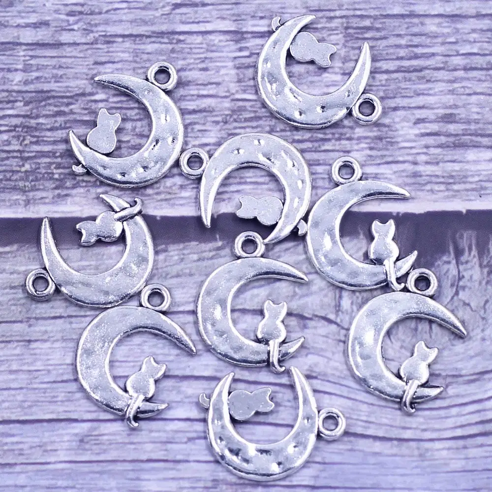 

10Pcs Pendants Cat In The Moon Animal Silver Tone Metal Alloy For Charm Bracelets Jewelry DIY Findings 23x18mm