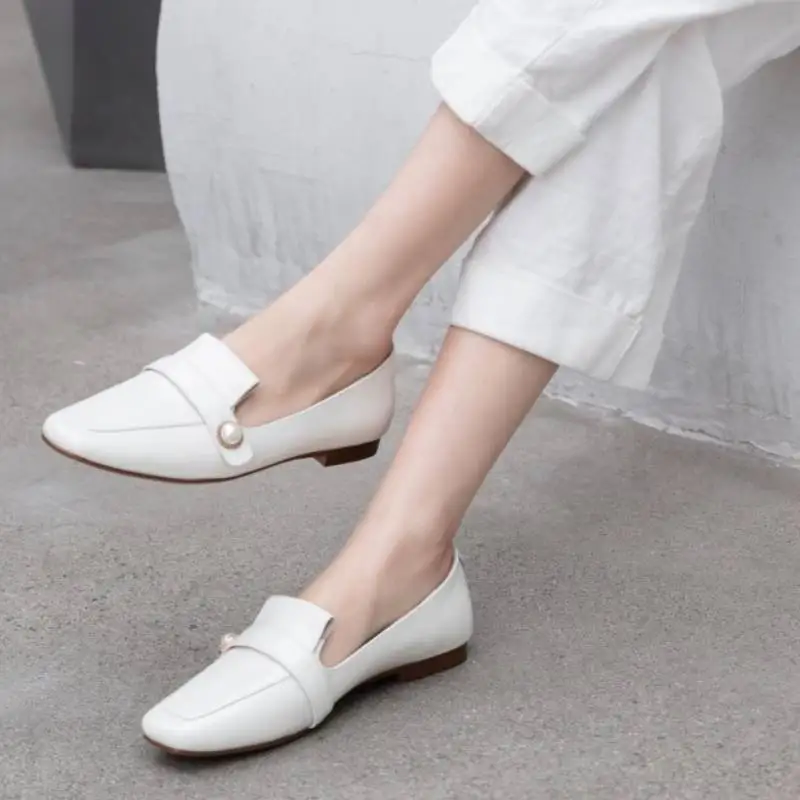 

RIZABINA Women Shoes Flats Square Toe Low heel Real Leather Slip On Pearl Casual Shoes Female Footwear Fashion Size 34-40