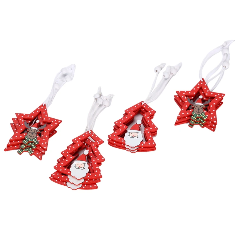 

12 Pieces Small Tree Five-Pointed Star Christmas Wooden Gift Ornaments European Style Home Color Cartoon Cute Ornaments