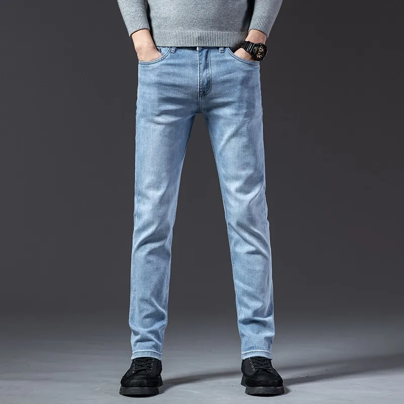 

2021 Sulee Brand Classic Style Men Brand Jeans Business Casual Stretch Slim Denim Pants Light Blue Black Trousers Male