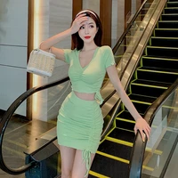 2022 summer women green two piece sets short sleeve crop top and drawstring skirt suit female fashion sexy club outfits y151
