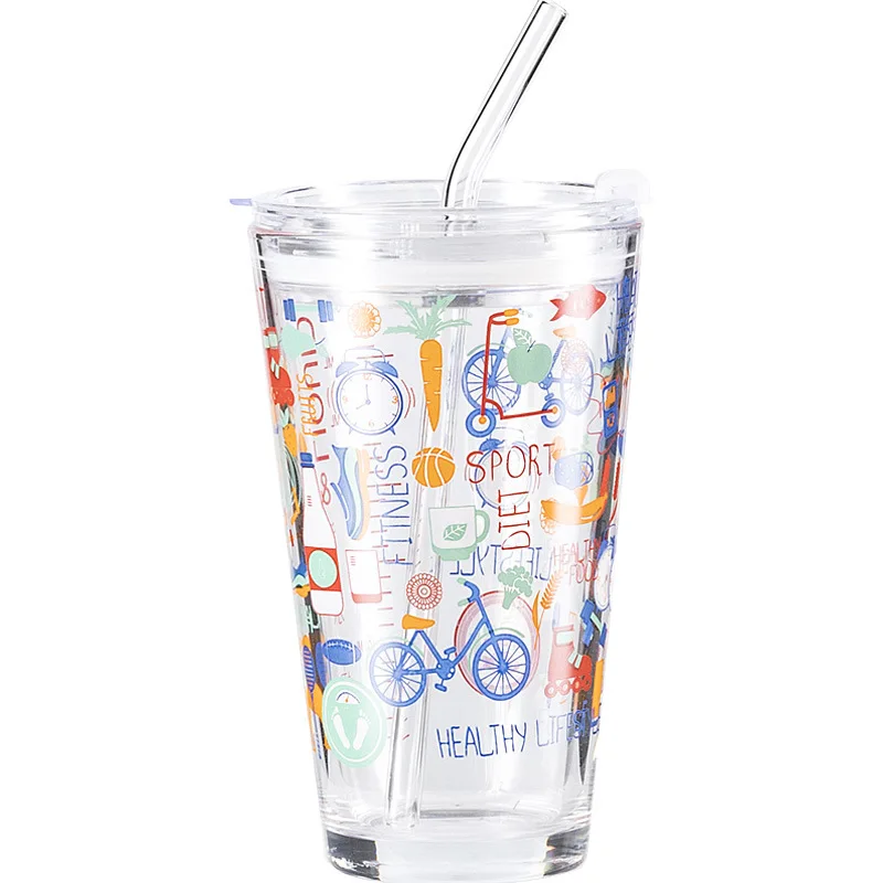 

Graffiti Glass Ins Cute Girly Thickened Heat-Resistant High-Capacity Breakfast Scale Cup Trend Creative Cup