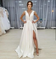 satin wedding dress v neck sleeveless 2021 sexy deep v neck side slit sleeveless tank for women white bridal gown simple elegant