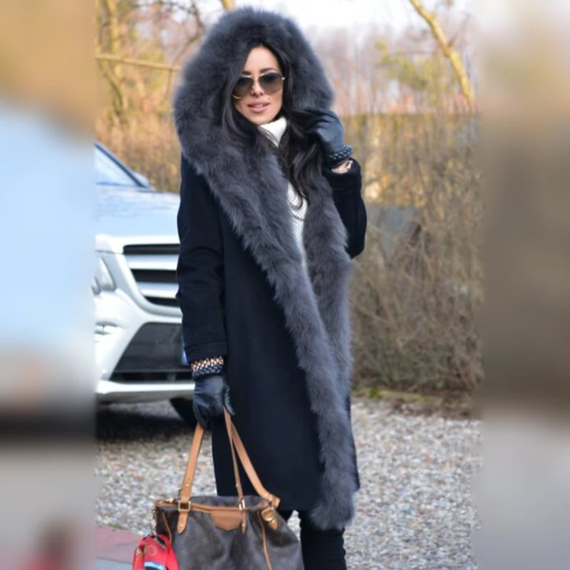 Winter Fashion Natural Fur Coat With Hood Long Wool Blends Fox Fur Coat Woman Luxury Outwear 2022 Trendy Cashmere Overcoat Woman enlarge