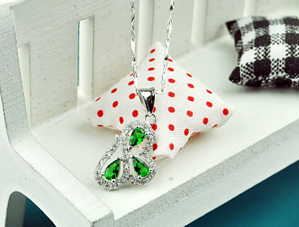 Цепочка с кулоном из серебра 100% пробы зеленым цирконием|Ожерелья| |