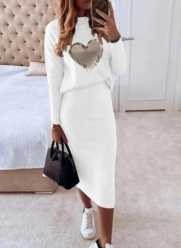 

Женское длинное платье с блестками и принтом сердца, женское платье с круглым вырезом на весну и осень 2021, модное Повседневное платье с длин...