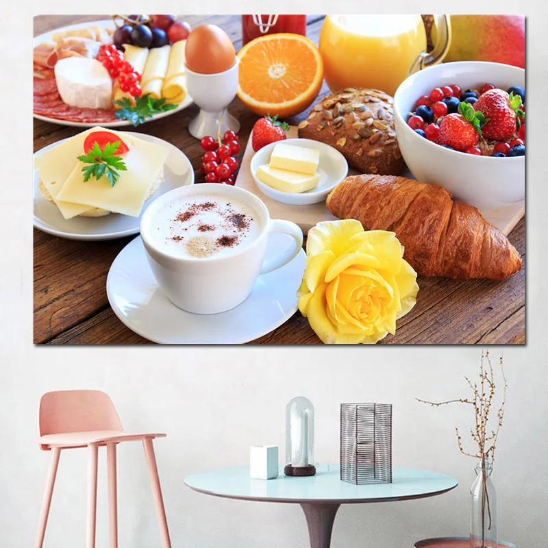 Картина на холсте Постер для гостиной кофе и хлеба восхитительные фрукты еда