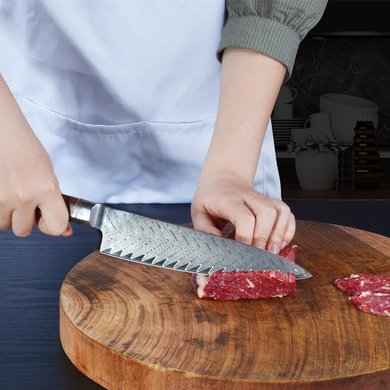 Набор кухонных ножей из настоящей дамасской стали 7 шт. Мясорубка накири сантофу