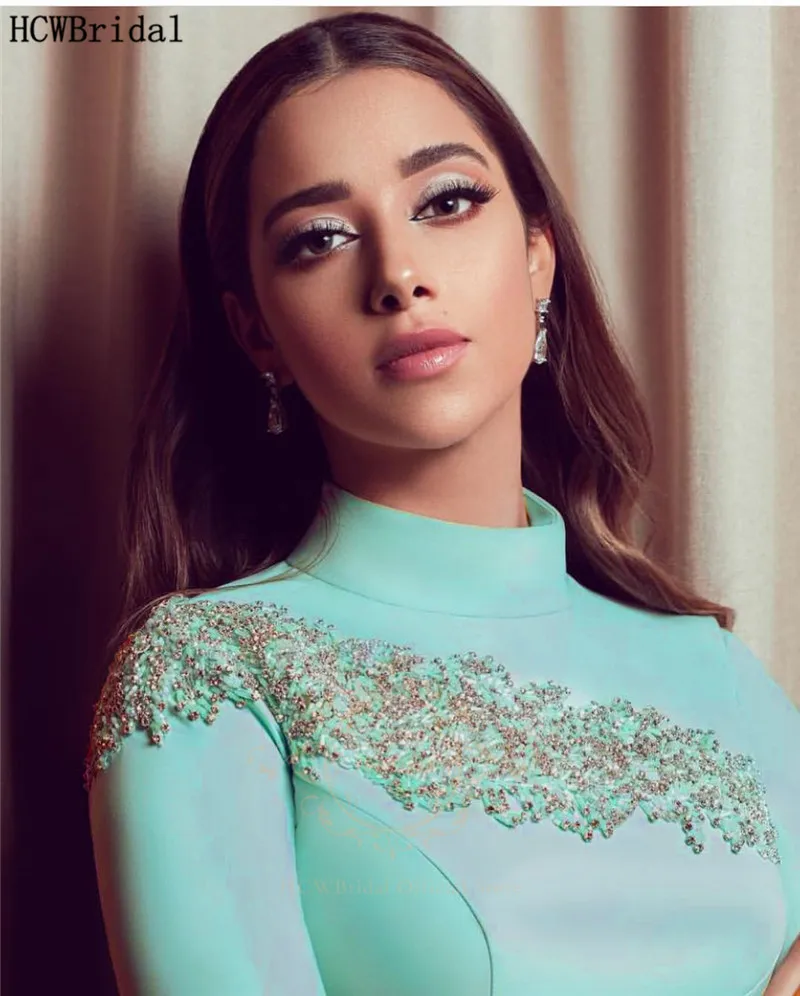 

Dusty Green Mermaid Middle East Arabic Evening Dress Long Sleeves High Neck Beaded Elastic Cloth Plus Size Prom Party Dresses