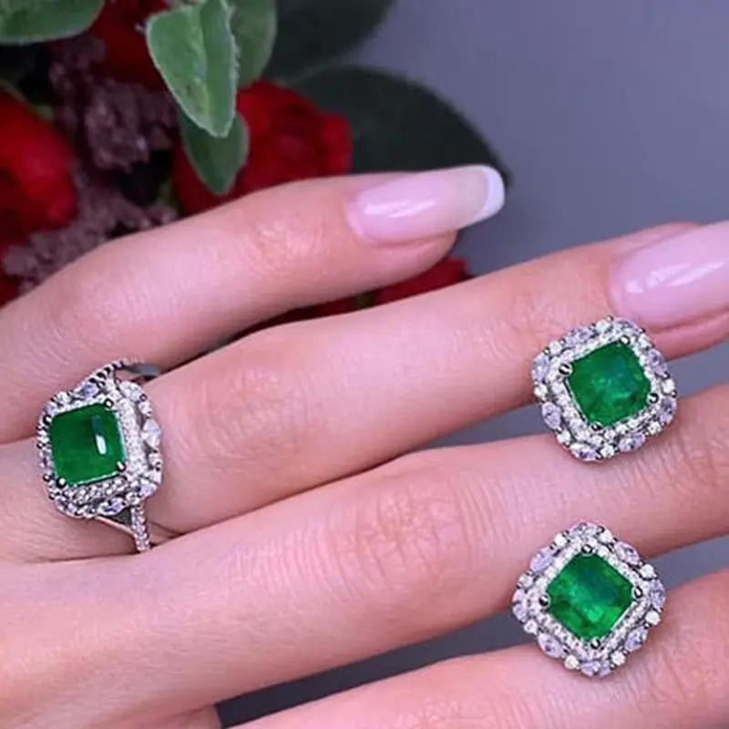 

Jazaz Vintage 100% 925 Sterling Silver Moissanite Emerald Gemstone Wedding Engagement Ring Sparking Party Fine Jewelry B0320