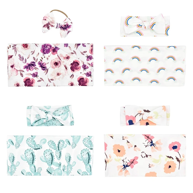 

2Pcs/Set Newborn Baby Receiving Blanket Headband Set Infant Floral Swaddle Wrap L4MC
