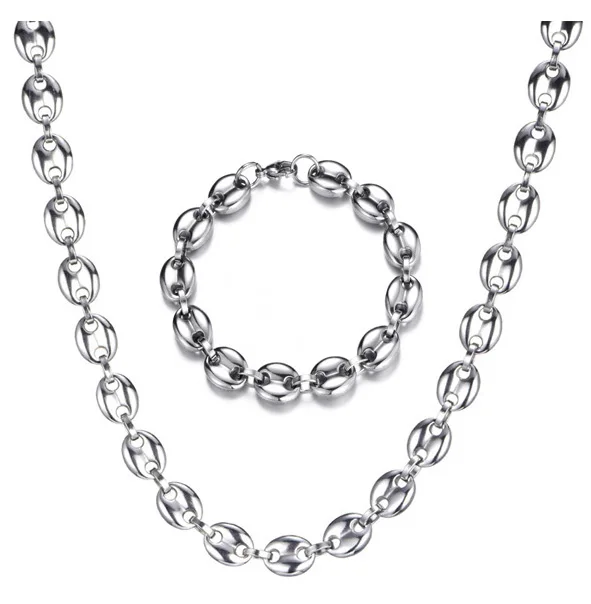 set silver Мужские ожерелья кофейные бобы цепи браслеты набор из нержавеющей стали 11 см золото/серебро звено цепи хип-хоп ювелирные изделия USENSET - Окраска металла: set silver