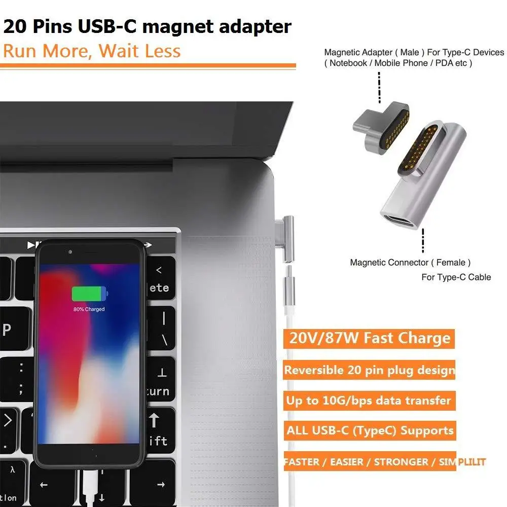 Магнитное зарядное устройство с разъемом USB Type-C для MacBook Pro/Samsung S8/N8/Huawei Mate 9/10/20 |