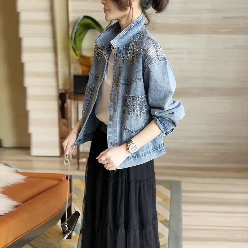 

Women's Denim Jacket Coat Sequins BF Jeans Outwear Female Spring Autumn Casual Loose Cowboy Outwear Harajuku Plus Size Coat