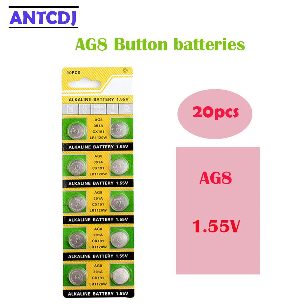 

Hot Sale 20Pcs AG8 45mAh Alkaline 1.55V Button Battery CX191 LR1120 391 SR1120 191 LR1120W LR55 Coin Cell For Watch Toy Control