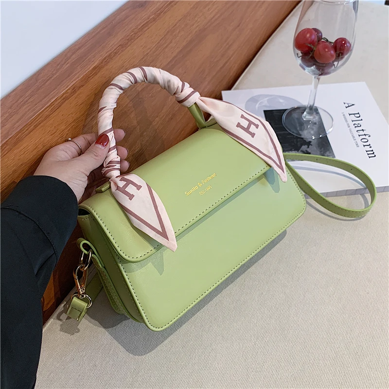 

Summer Fashion Scarf Top Handle Bags For Women Smooth PU Leather Ladies Work Tote High Quality Shoulder Crossbody Bag 2021 Green