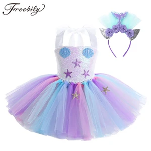 kids girls princess mermaid costume halter sequin mesh tutu dress with hair hoop set children halloween cosplay party dress up free global shipping