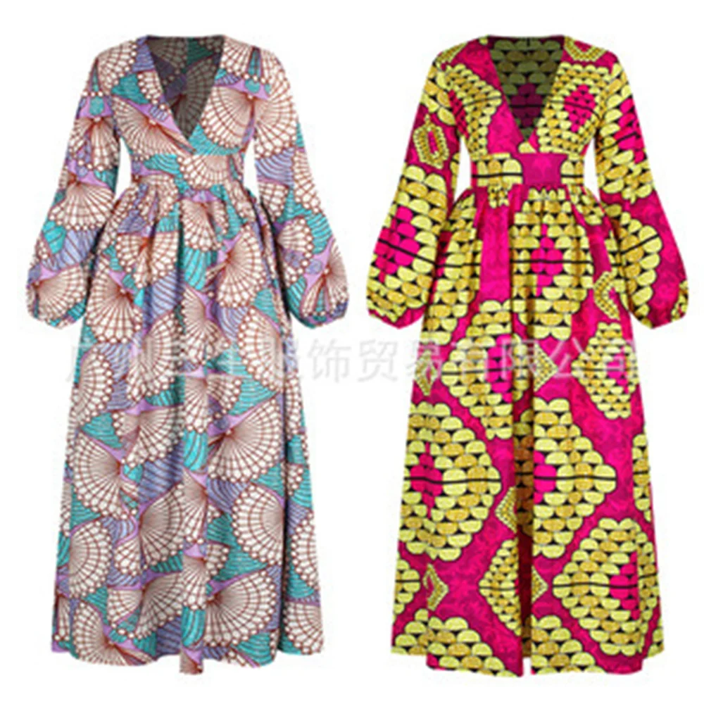 

2021 Summer Sexy National Style Big Swing Dress New Digital Printing Long-sleeved High-waisted Slim Mid-length Dress