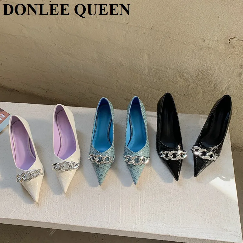

Fashion Pointed Toe Thin High Heels Shoes Women Elegant Pumps For Party Dress Shoe Metal Chain Decoration Brand Zapatillas Mujer