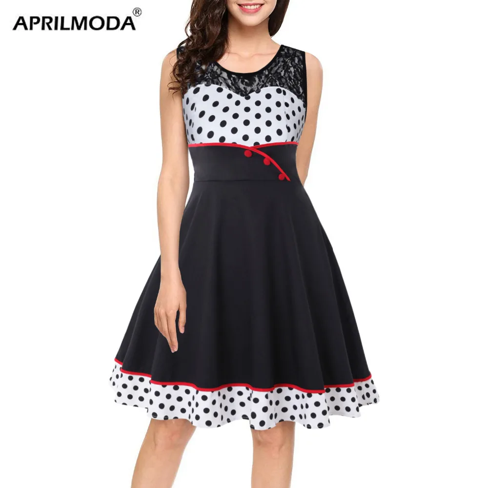 Женское винтажное платье в горошек черно белое кружевное составного кроя с