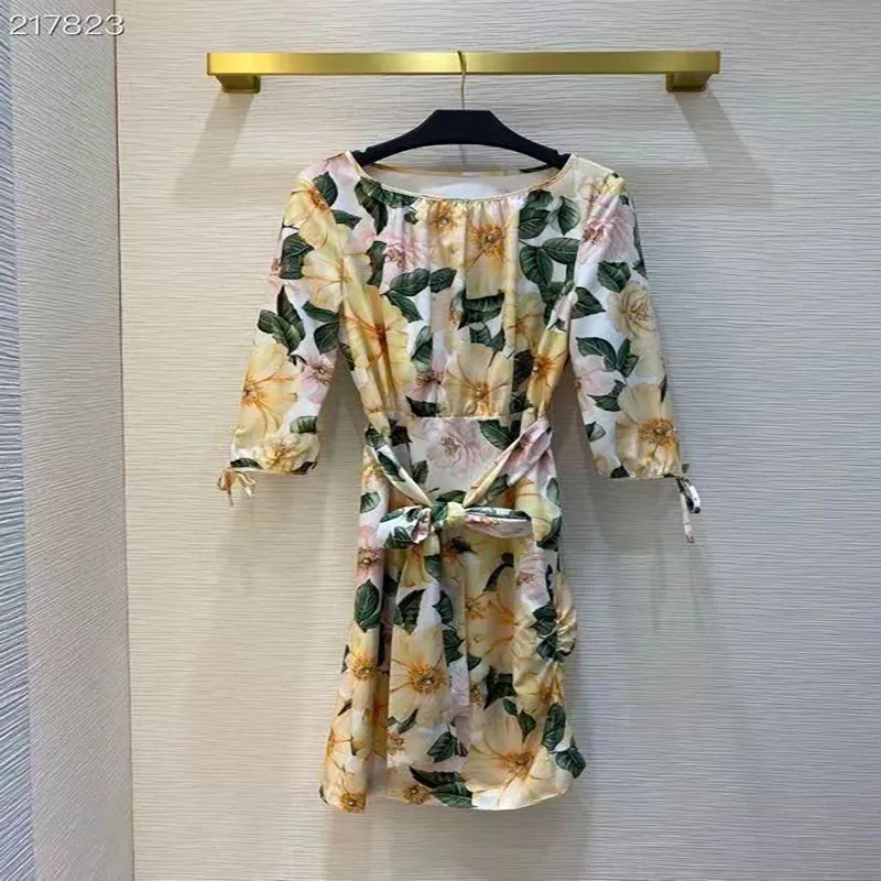 

Fashion Runway Summer Dress 2021 Women's Vacation Vestidos Floral Print 3/4 Sleeves Empire Knee-Length Hot Sale Dress