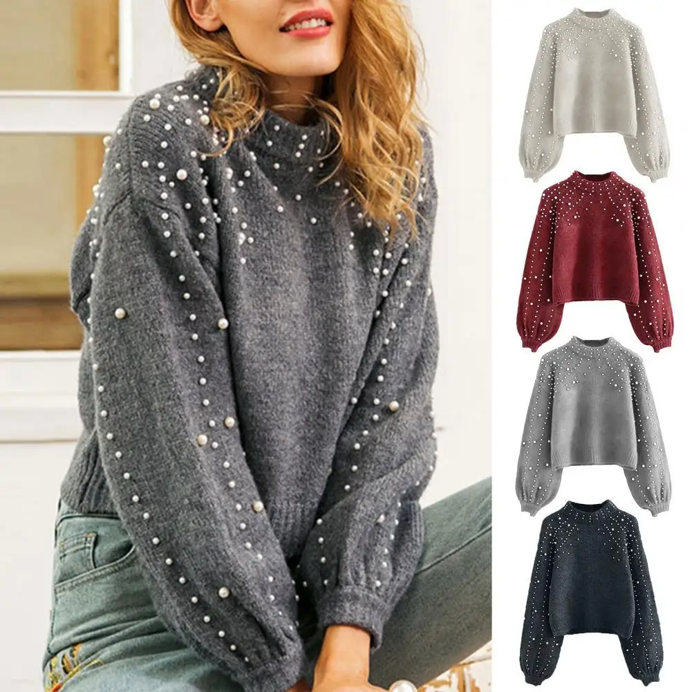 

O-Neck Solid Color Knitted Sweater Autumn Winter Faux Pearl Decor Lantern Sleeve Short Sweater Ladies Clothing