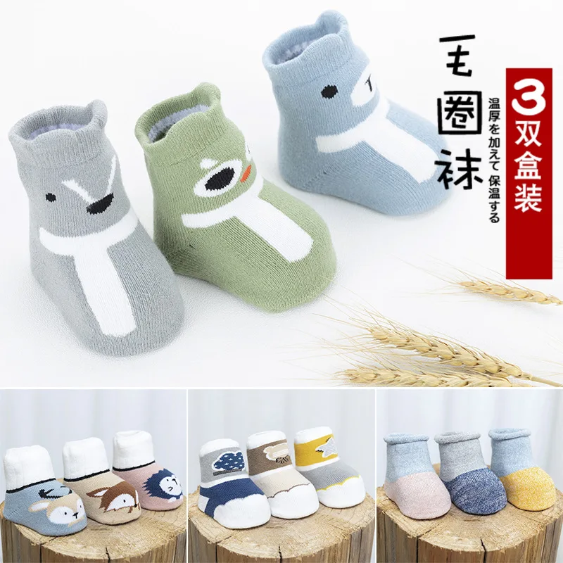 3 пар/лот Противоскользящие носки для малышей Зимние Утепленные бархатные
