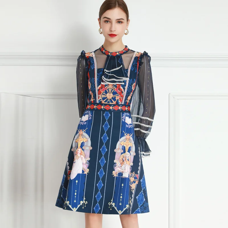 

2021 SPRING VINTAGE PRINT RUFFLE FLARED SLEEVE PATCHWORK DRESS