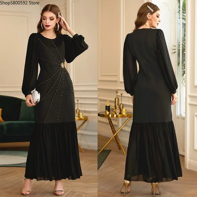 2022 Black Kaftan Abaya Dubai Gulf Abayas Women Islam Clothing Muslim Maxi Dress Long Sleeve Pakistani African Mesh Dresses