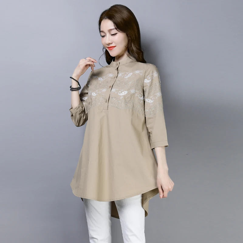 Blouse Women 2020 New Vintage Embroidery Cotton Women Shirts Turtleneck Single Breasted Shirt Dress Female Irregular Blouse Tops