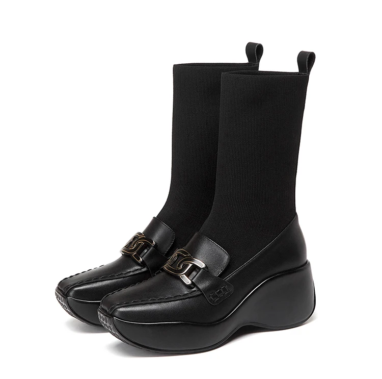 

2021 autumn and winter new slope heel women's square head trifle thick-soled socks and boots fashion waterproof platform