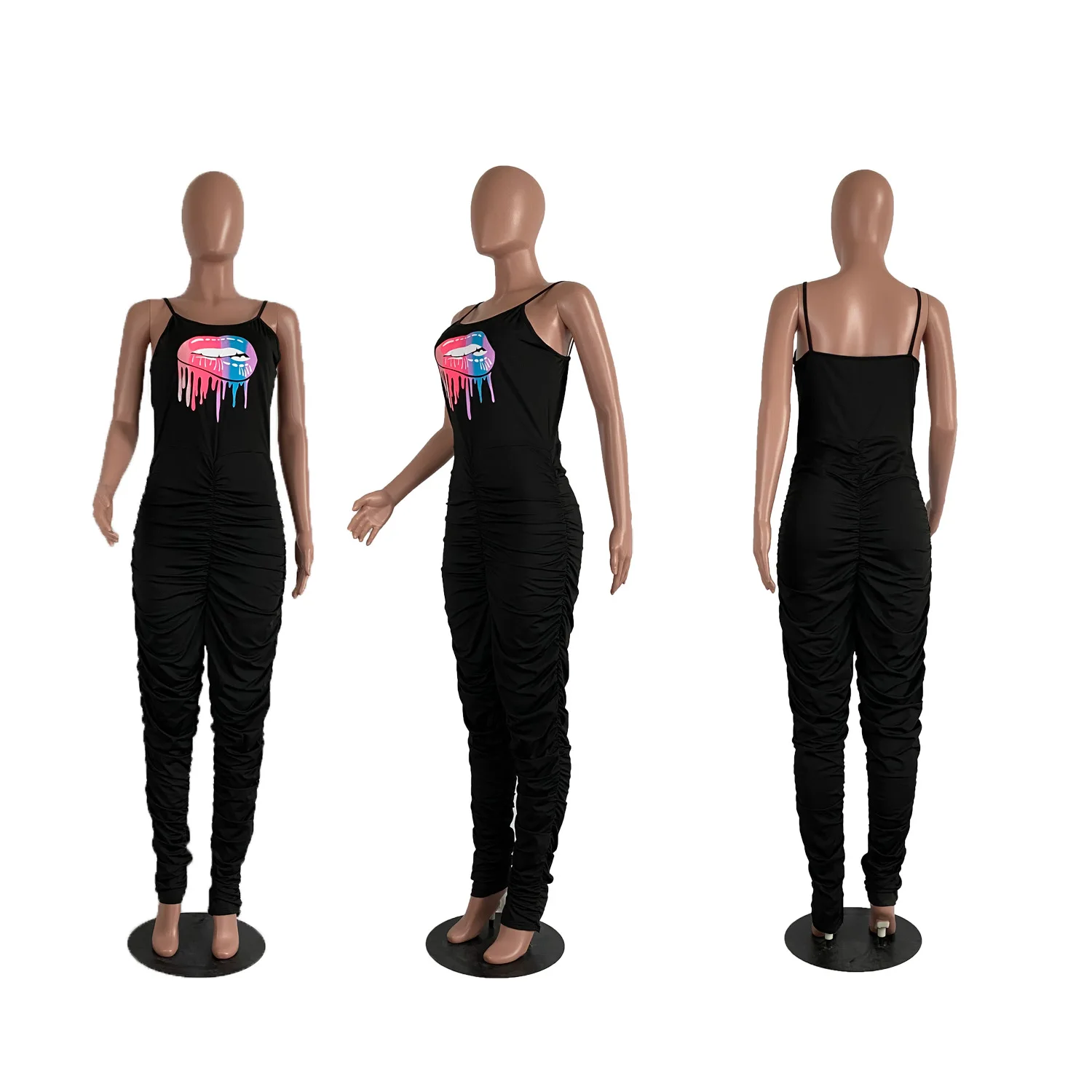 

2020 Summer Women Jumpsuit European and American Sexy Style Solid-color Cartoon Lip Print Spaghetti Strap Rompers Bodysuit