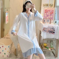new nightgown womens autumn winter color inserting long sleeves medium long knee length nightdress bubble cotton home clothes