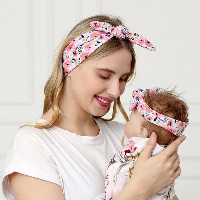 

2Pcs/Set Cute Mom Baby Headbands Mother Baby Turban Mom Daughter Rabbit Ears Hairband Floral Print Parent-Child Hair Accessories