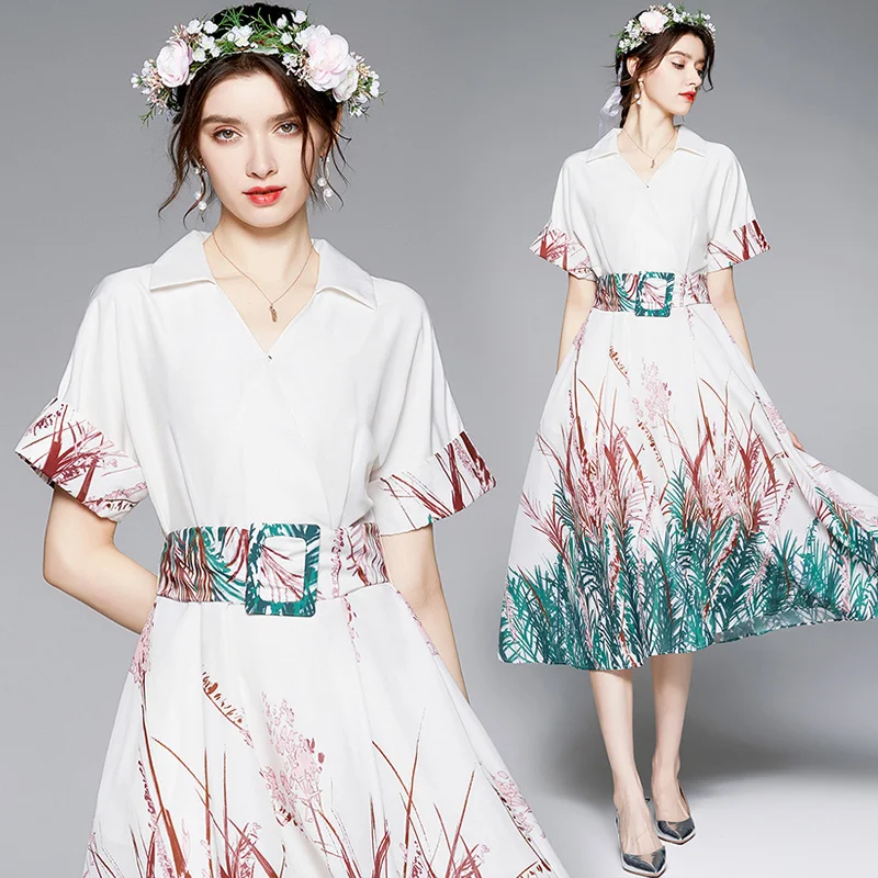 Summer New Women's Short Sleeve Temperament Retro Print Big Hem Short-Sleeve Dress with Belt