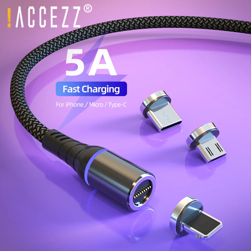 ! Магнитный кабель ACCEZZ 5A для быстрой зарядки iPhone X 11 8 ipad Mini Xiaomi Realme Micro USB Type C