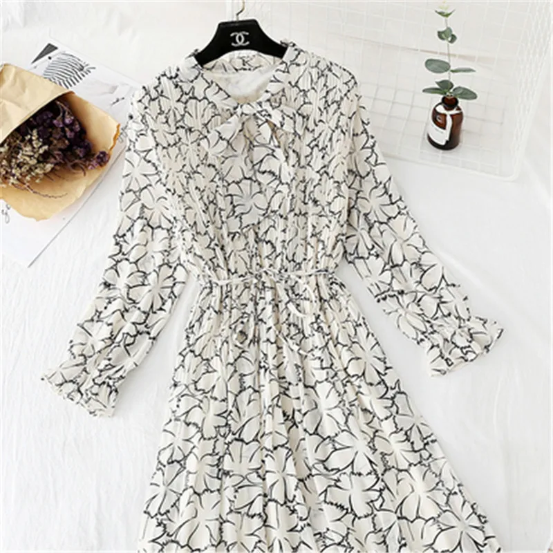 

Женское шифоновое платье в горошек, с цветочным принтом, большого размера, в стиле ретро, с длинным рукавом, весна-осень, 2020