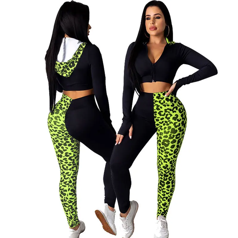 

Solid Color Leopard Print Patchwork Long Sleeves Zipper Tops & Stacked Leggings New Arrival Autumn Women Suit 2 Pieces Set
