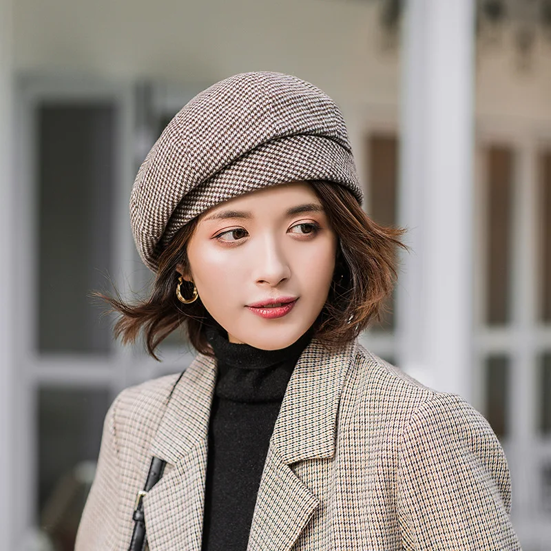 Зимний женский берет хлопковые шапки женская элегантная клетчатая винтажная
