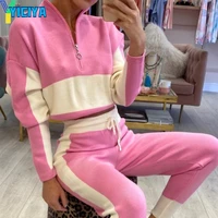 2021 autumn zipper stand collar casual sports womens two piece suit top and pants sportwear warm suits tracksuit women crop top