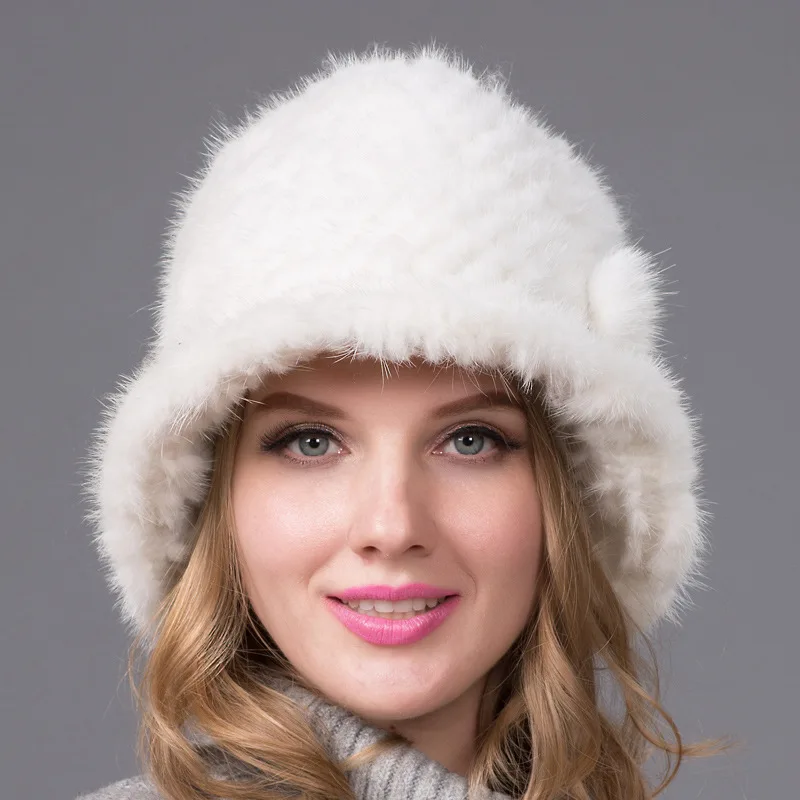 

Winter Warm Real Knitted Mink Fur Hats for Women Fashion Fedoras Wine Red Ladies Hat Flower Hand Hook Six Color Adult Trendy Cap