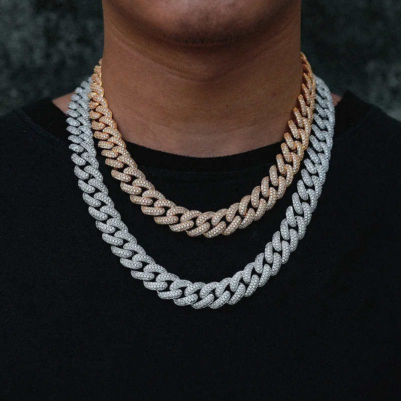 Collar de eslabones para hombres, joyería de plata de ley S925, 3A + CZ, empedrado, ostentoso, de 15mm, cubano, Miami Curb, cadena de eslabones, Hip Hop, rapero