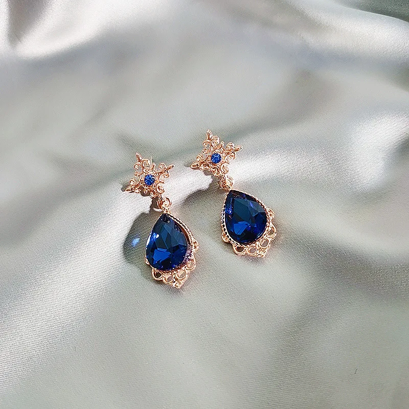 Модные женские висячие серьги с кристаллами в виде капли воды стиле ретро синими