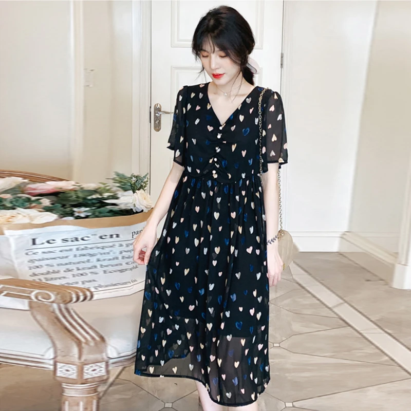 

Dress Summer Dress 2021new plus Size Loose Long Slimming Simple Short Sleeves Chiffon Dress for Women Summer