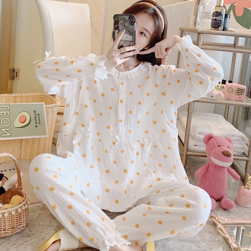 

Confinement cotton double-layer wrinkle gauze pregnant women pajamas postpartum breastfeeding nursing clothes