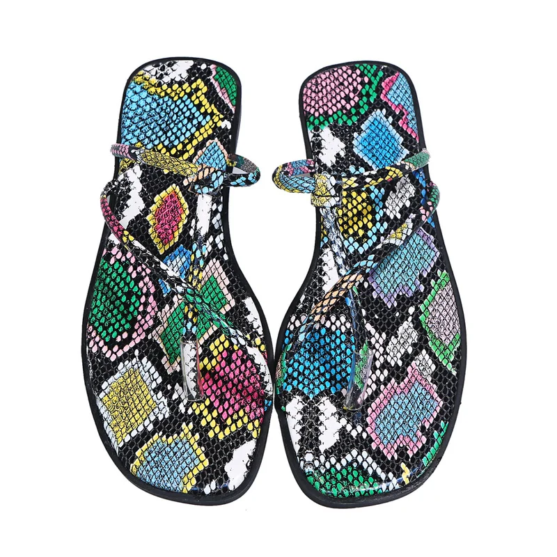 

Summer Women Outdoor Trend Slippers Snake Pu Leather Narrow Flat Rubber Sole Casual Fashion Shoes Ladies Outdoor Beach Slides